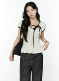Polka Dot Puff Sleeve Ribbon Top IY507