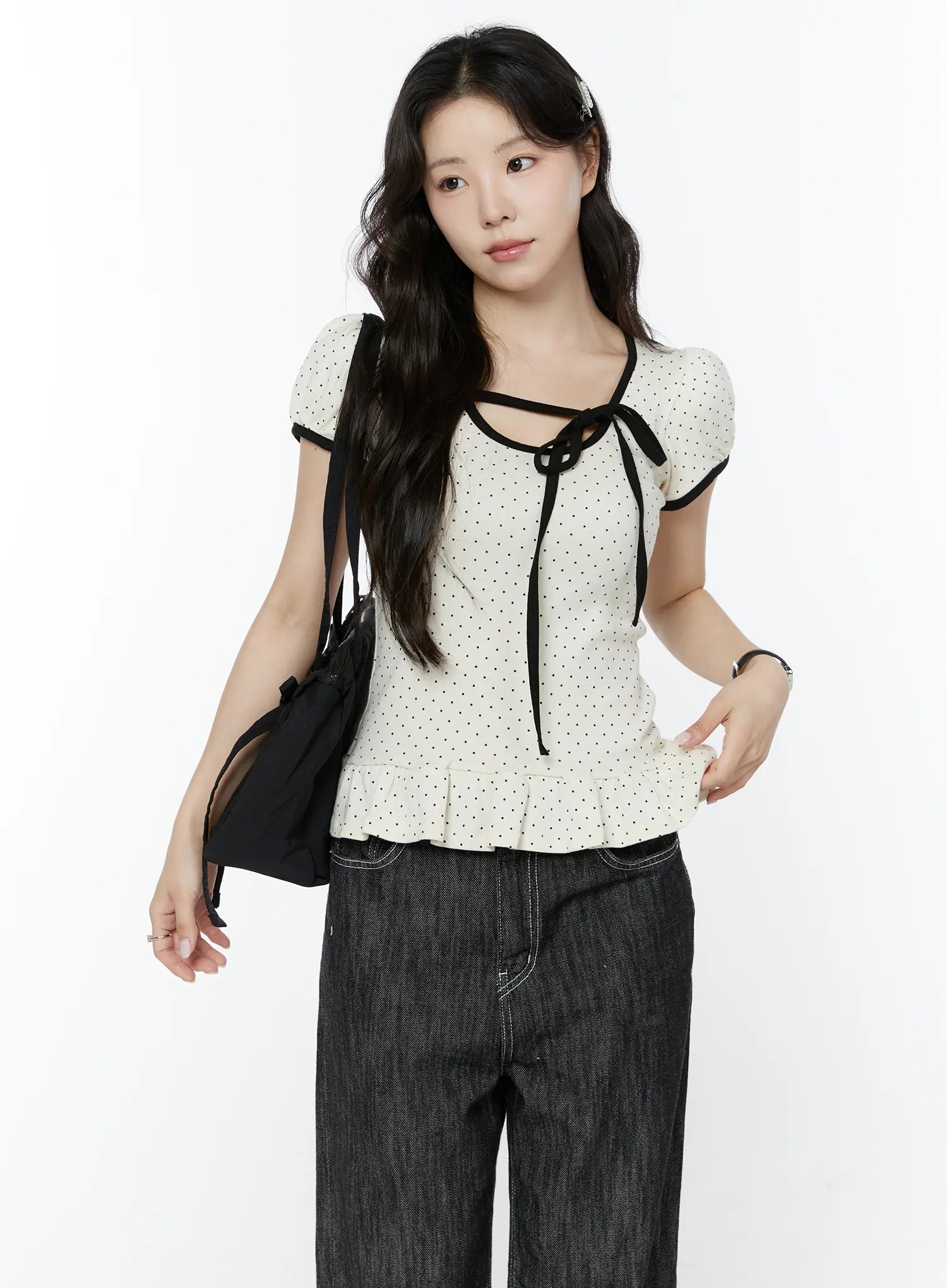 Polka Dot Puff Sleeve Ribbon Top IY507