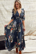 JAASE - Indiana Maxi Dress: Lace Back Shirred Waist A Line Dress with Handkerchief Hemline in Indigo Print