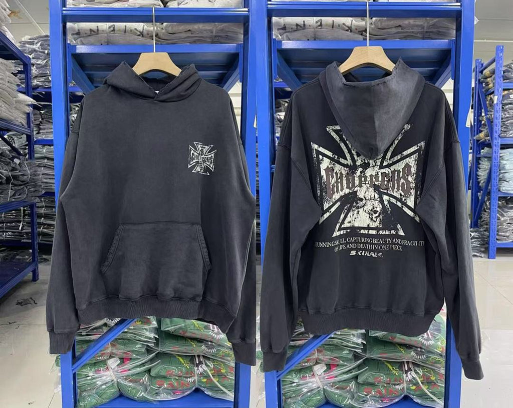 West Coast Choppers Vintage Washed Black Cross Portrait Graphic Pullover Hoodie