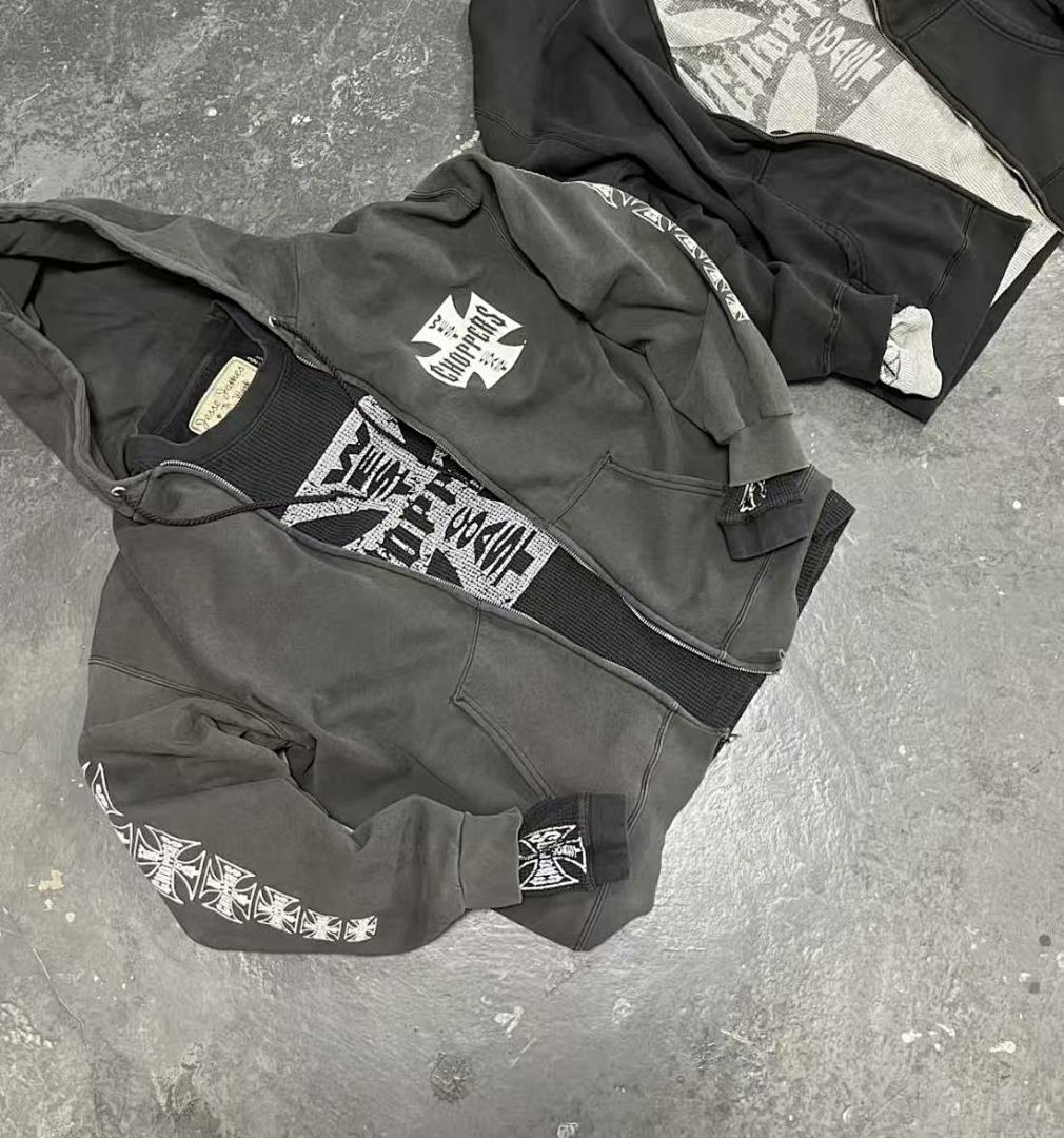 West Coast Choppers Vintage Washed Black Cross Graphic Full‑Zip Hooded