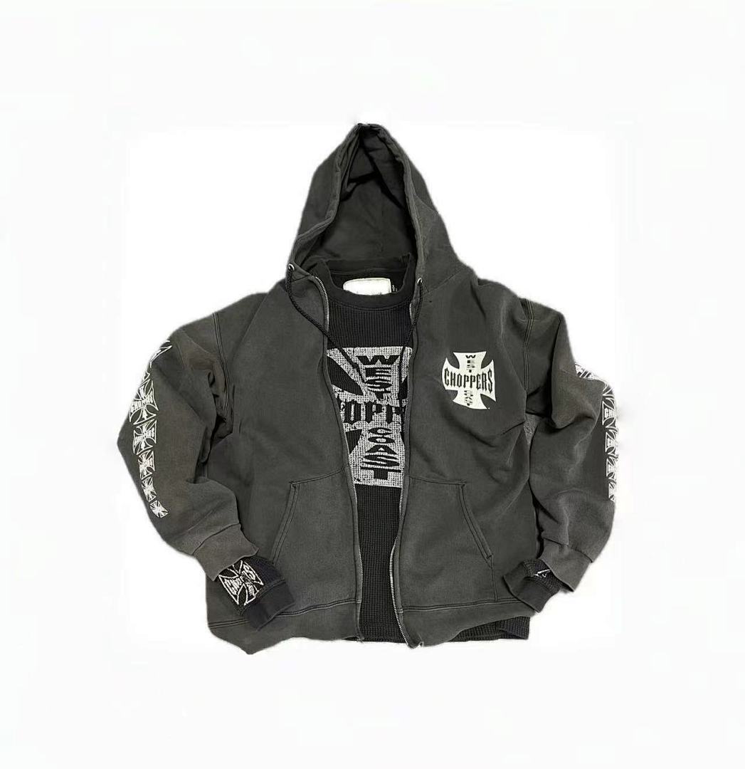 West Coast Choppers Vintage Washed Black Cross Graphic Full‑Zip Hooded