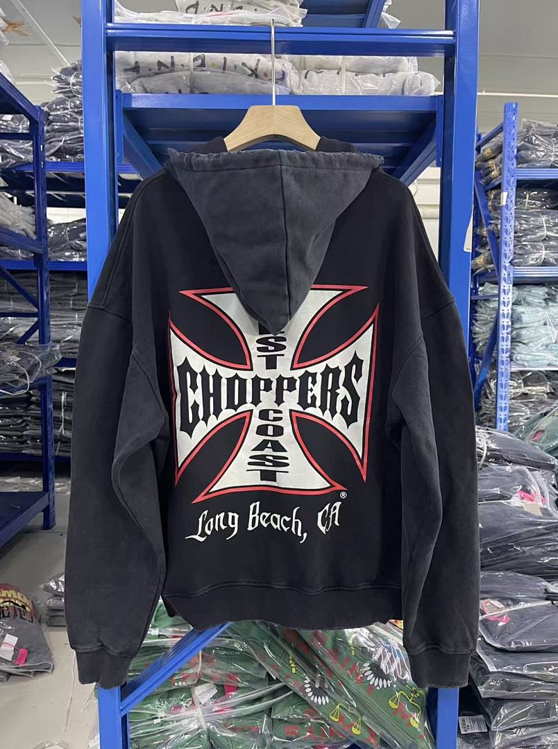 West Coast Choppers Vintage Washed Black Red‑Trim Cross Graphic Half‑Zip Hoodie