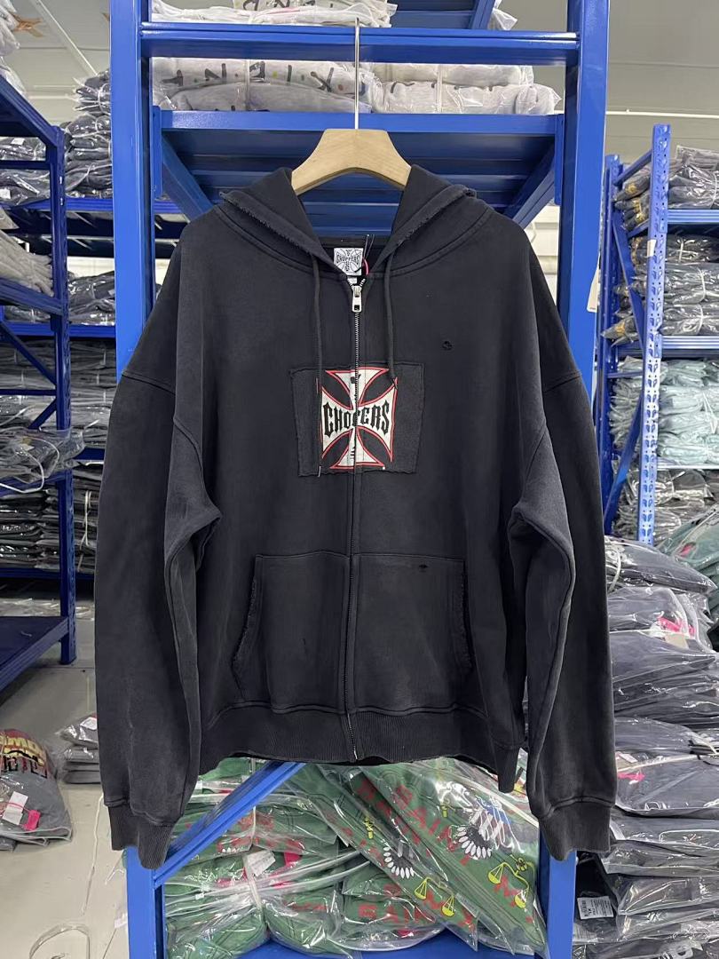West Coast Choppers Vintage Washed Black Red‑Trim Cross Graphic Half‑Zip Hoodie