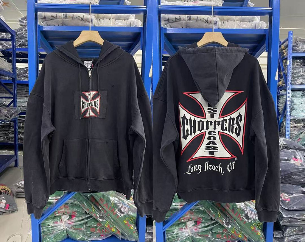 West Coast Choppers Vintage Washed Black Red‑Trim Cross Graphic Half‑Zip Hoodie