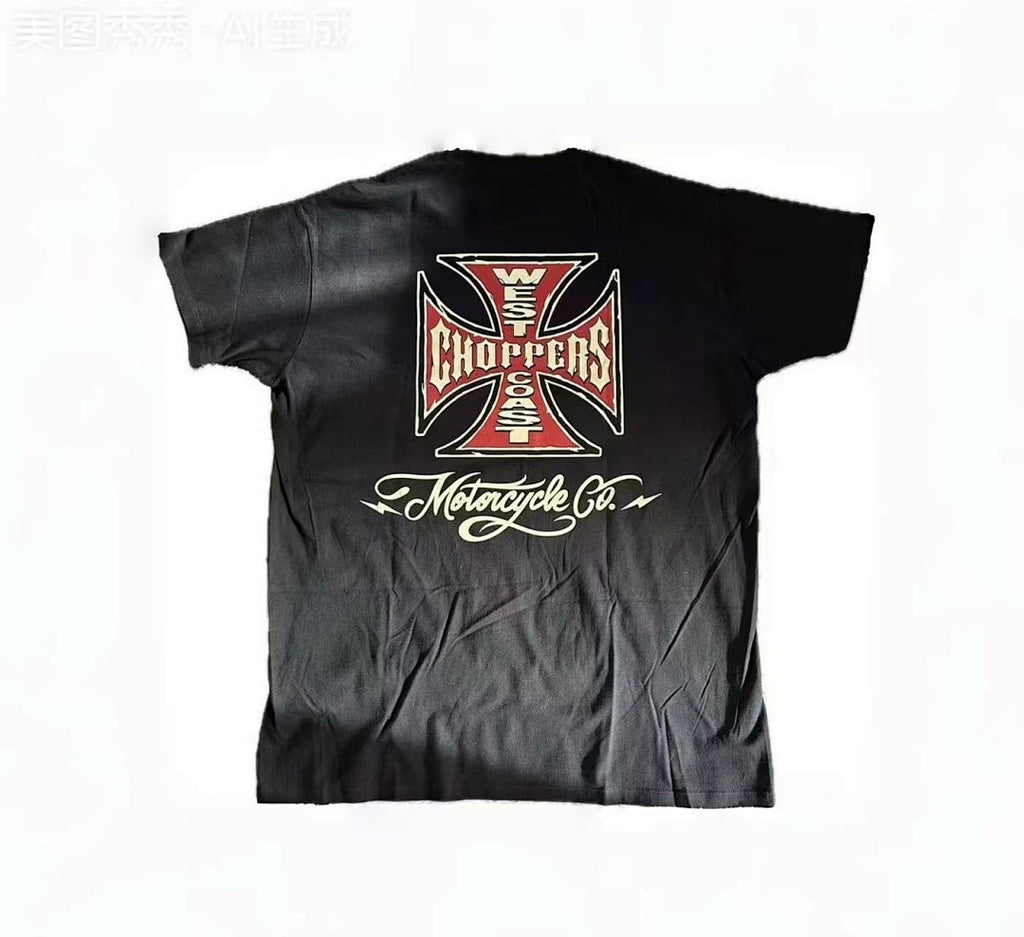 West Coast Choppers Vintage Washed Black Back Red‑Background Cross Graphic  T‑Shirt