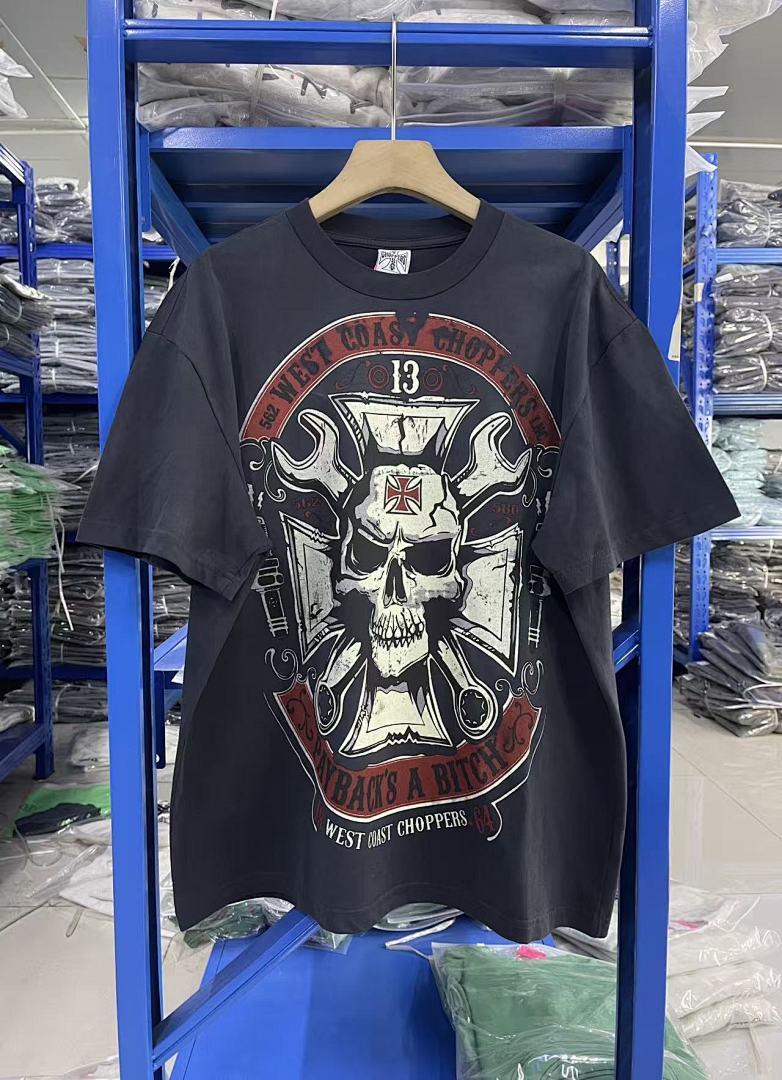 WCC West Coast Choppers 26SS Mechanic Blue Washed Distressed Vintage  T‑Shirt
