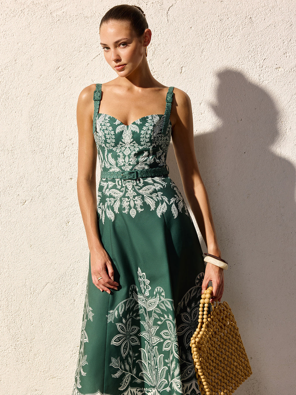 Baroque Floral Print Belted Cami Maxi Dress