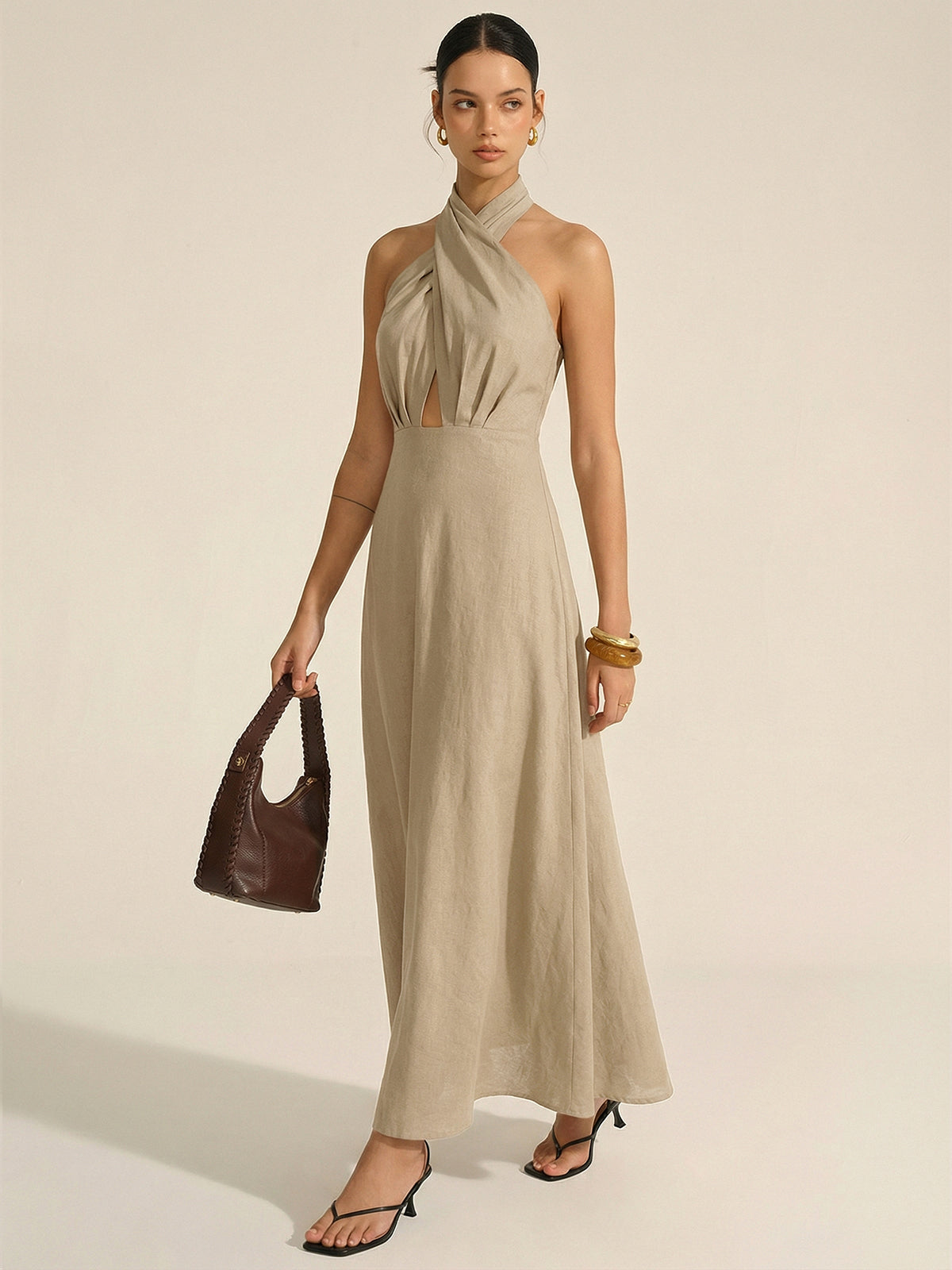 Cotton Linen Halter Neck Cut-Out Maxi Dress