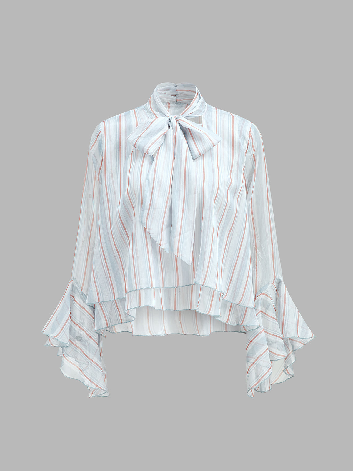 Striped Bow Neck Flounce Sleeve Blouse