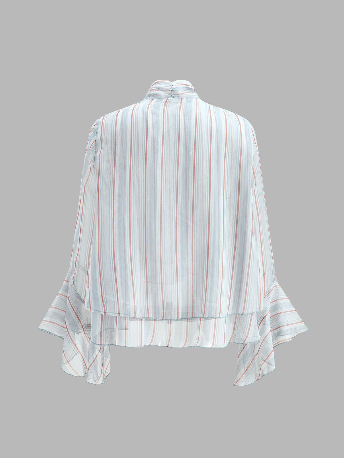 Striped Bow Neck Flounce Sleeve Blouse