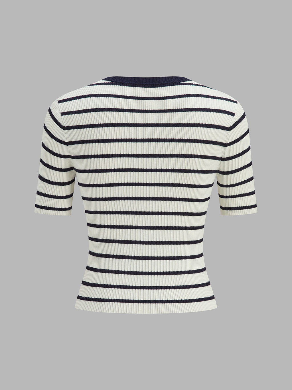 Striped Metal Button Short Sleeve Ribbed Knit Top
