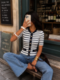 Striped Metal Button Short Sleeve Ribbed Knit Top