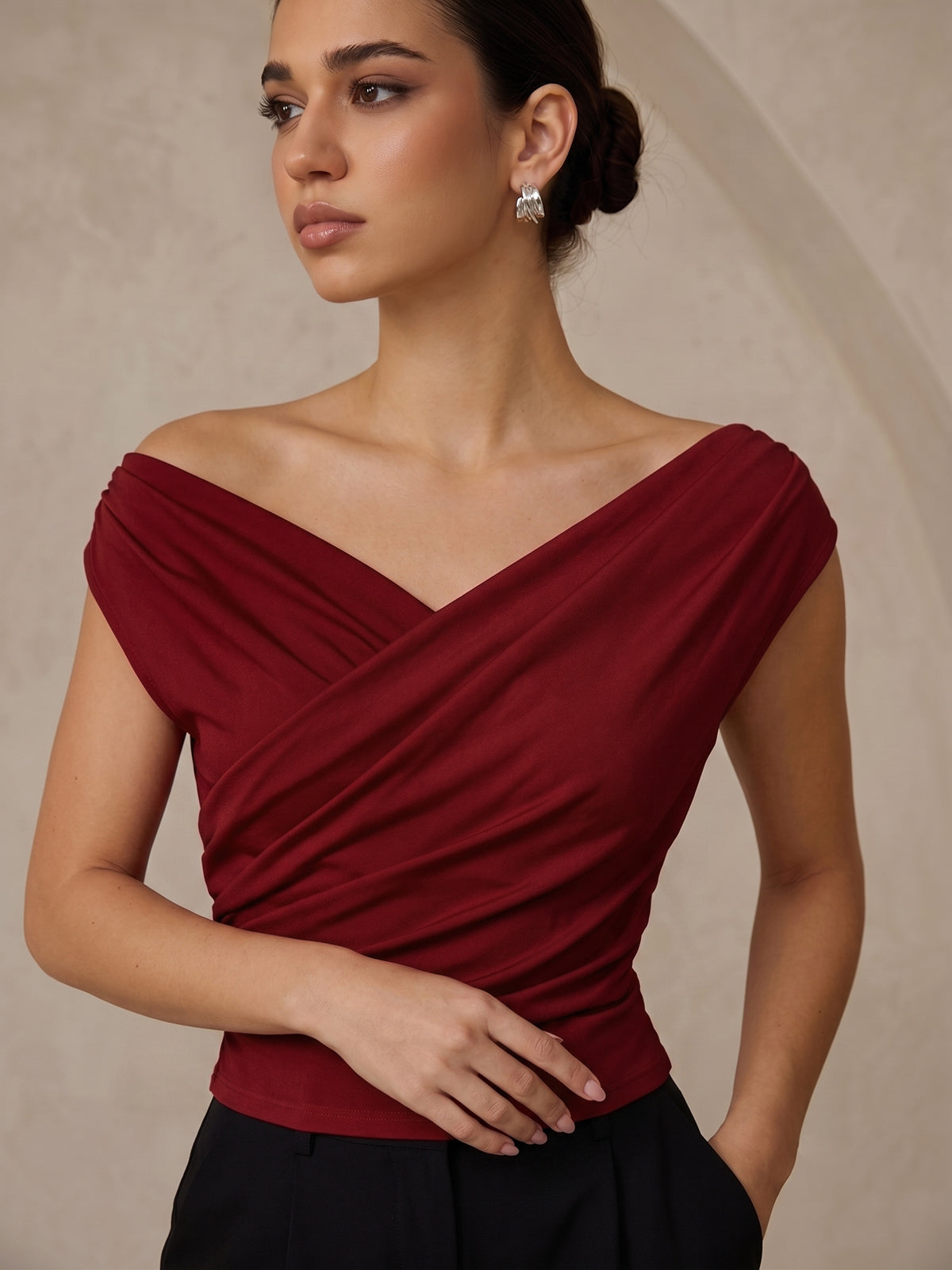 Asymmetric Neckline Ruched Blouse