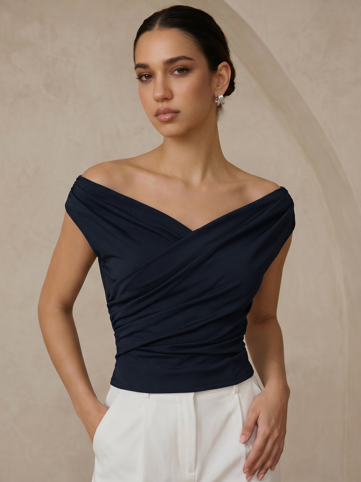 Asymmetric Neckline Ruched Blouse