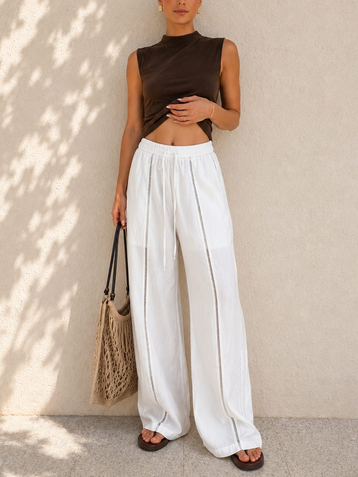 Drawstring Waist Hollow Wide Leg Pants