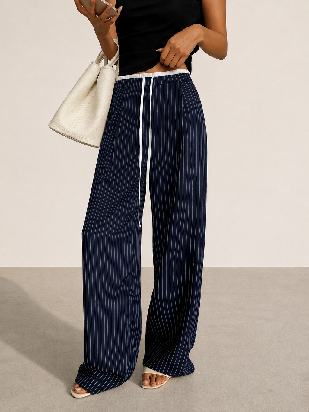 Contrast Waistband Drawstring Pinstripe Pants