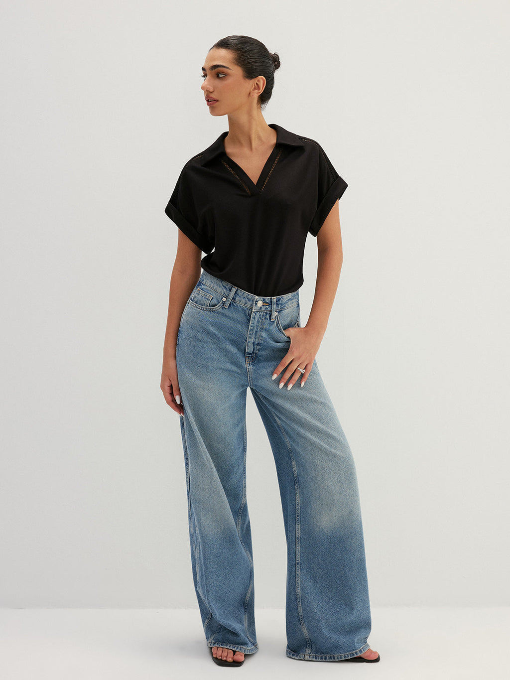 Hollow Out Collared V Neck Short Sleeve Top