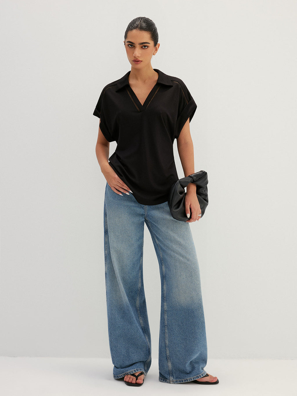 Hollow Out Collared V Neck Short Sleeve Top