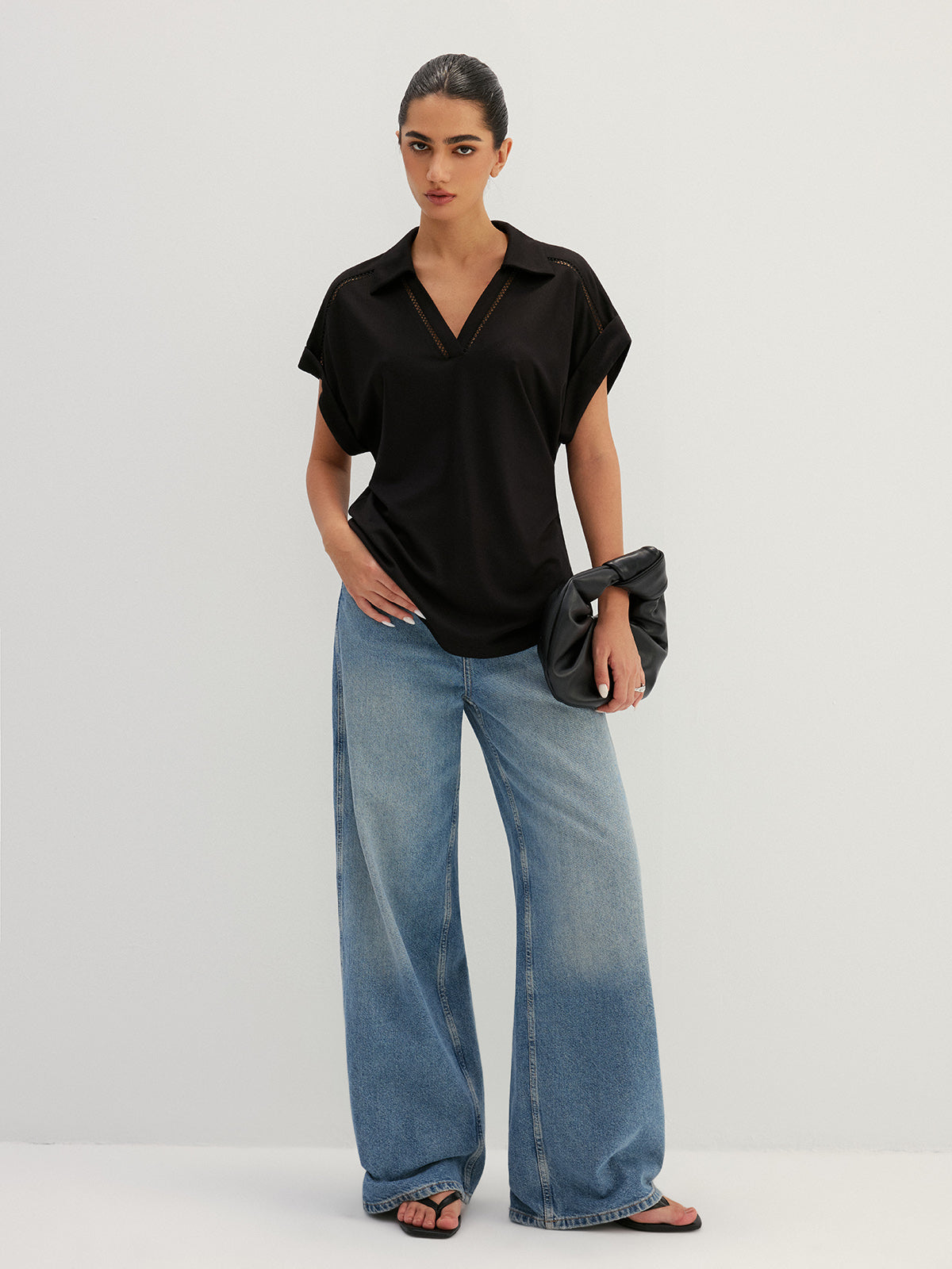 Hollow Out Collared V Neck Short Sleeve Top
