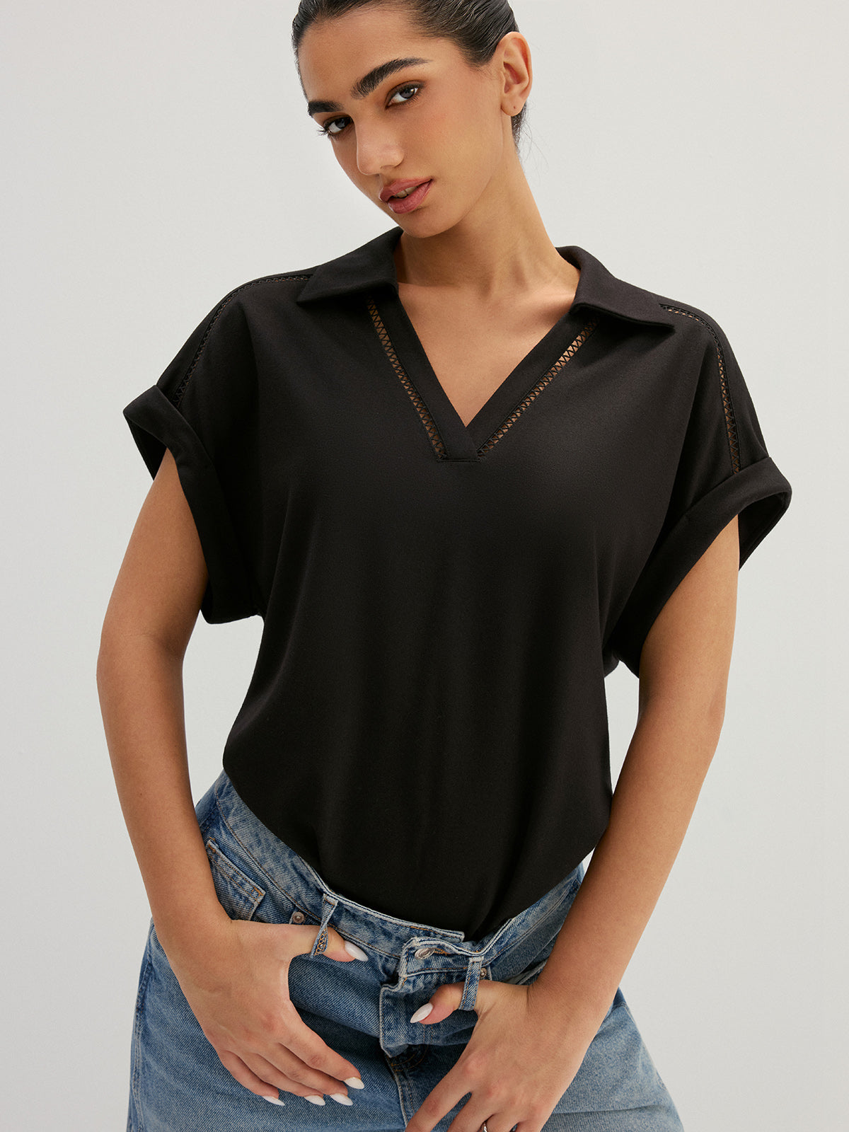 Hollow Out Collared V Neck Short Sleeve Top