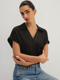 Hollow Out Collared V Neck Short Sleeve Top