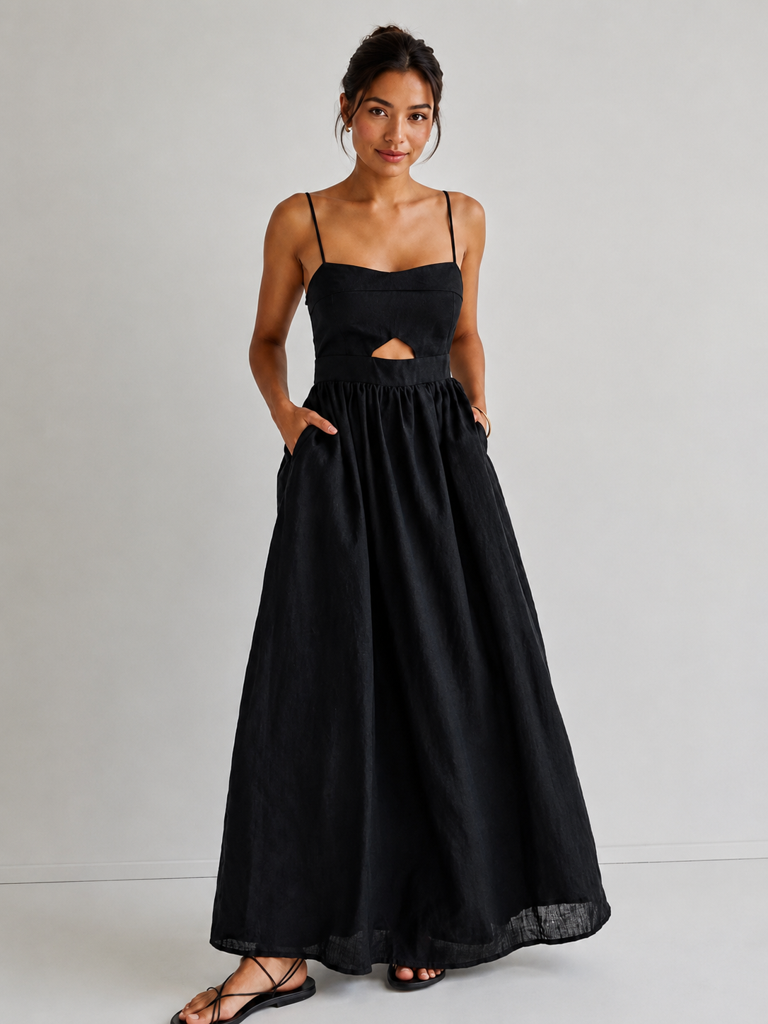 Cotton Sleeveless Pockets Cutout Long Dress