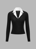 Contrast Lapel Fitted Long Sleeve Top