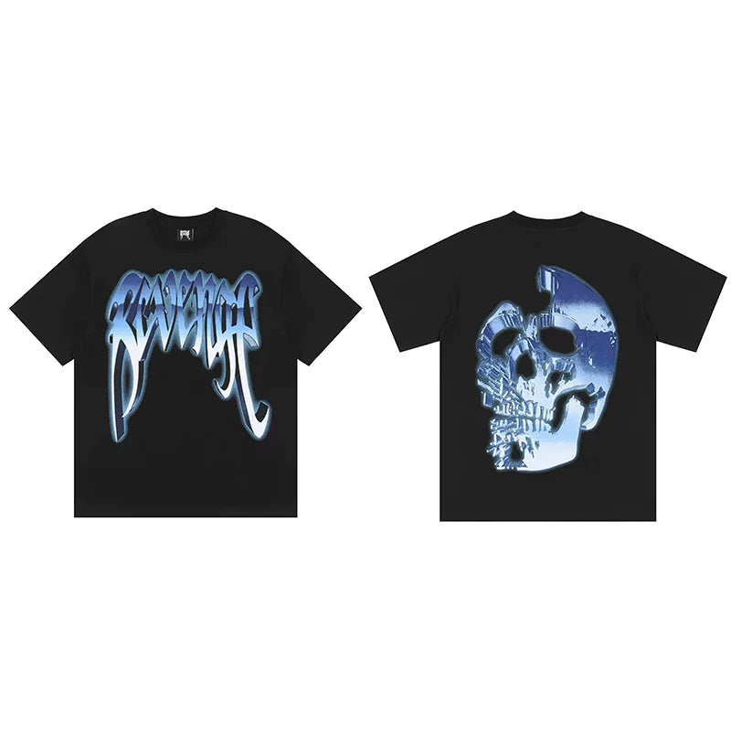 Tide brand REVENGE short sleeved high street American couple loose keel smoke skull lightning letter hip-hop T-shirt (39)