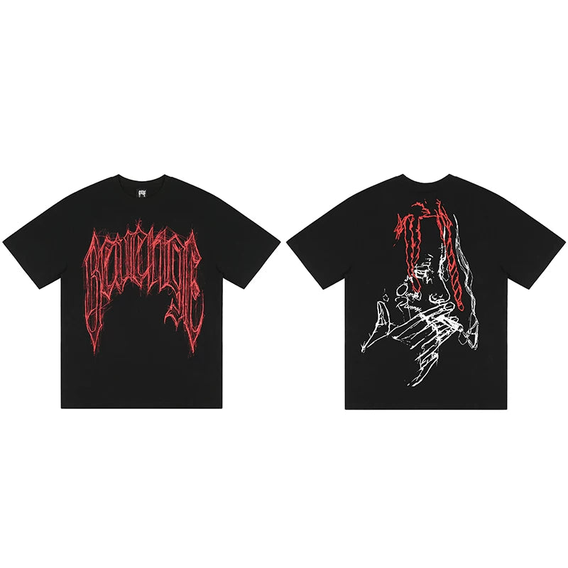 Tide brand REVENGE short sleeved high street American couple loose keel smoke skull lightning letter hip-hop T-shirt (49)