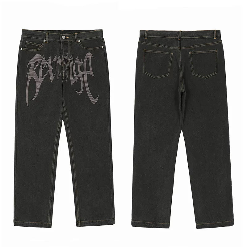 Tide brand Revenge pure white embroidered jeans straight pants Wash, make old trousers work classic black pants men (3)