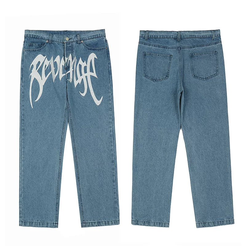 Tide brand Revenge pure white embroidered jeans straight pants Wash, make old trousers work classic black pants men (4)