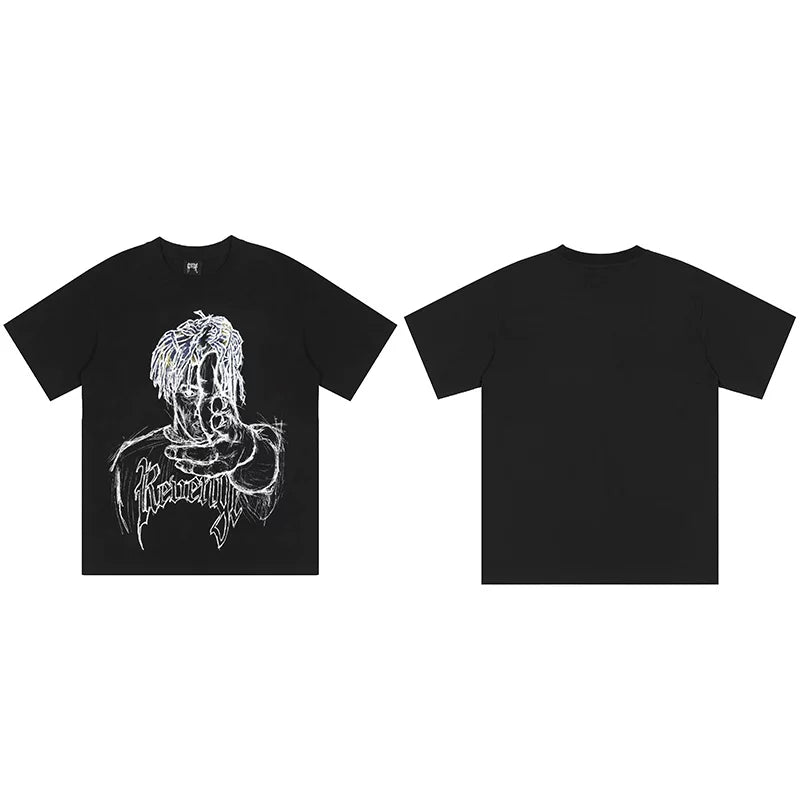 Tide brand REVENGE short sleeved high street American couple loose keel smoke skull lightning letter hip-hop T-shirt (50)
