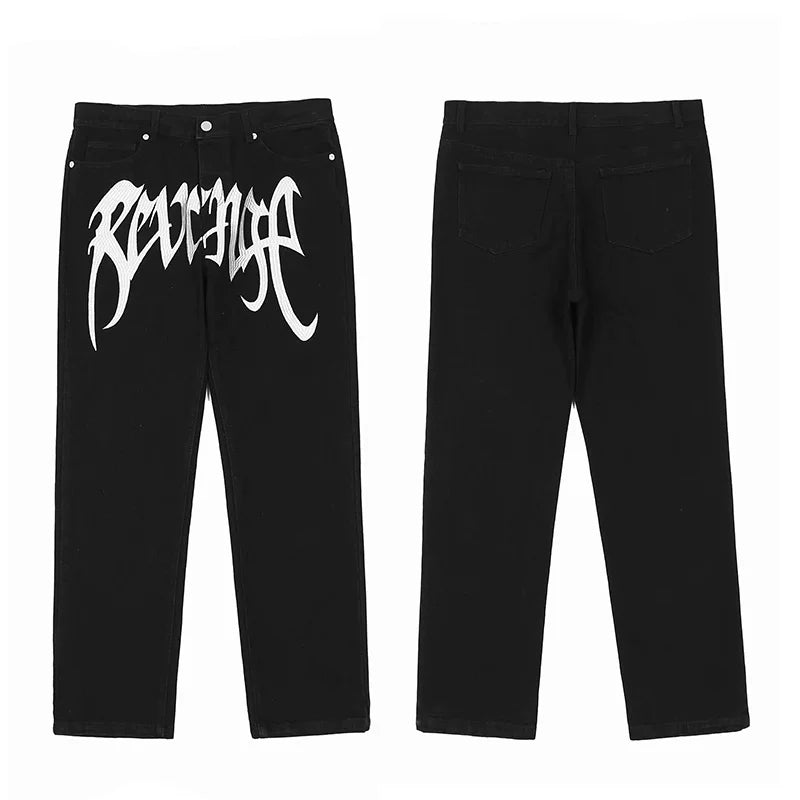 Tide brand Revenge pure white embroidered jeans straight pants Wash, make old trousers work classic black pants men (2)