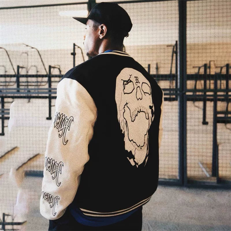 Revenge Varsity Jacket Vintage Autumn/Winter Skeleton Embroidered Splicing Baseball Jacket Coat (1)