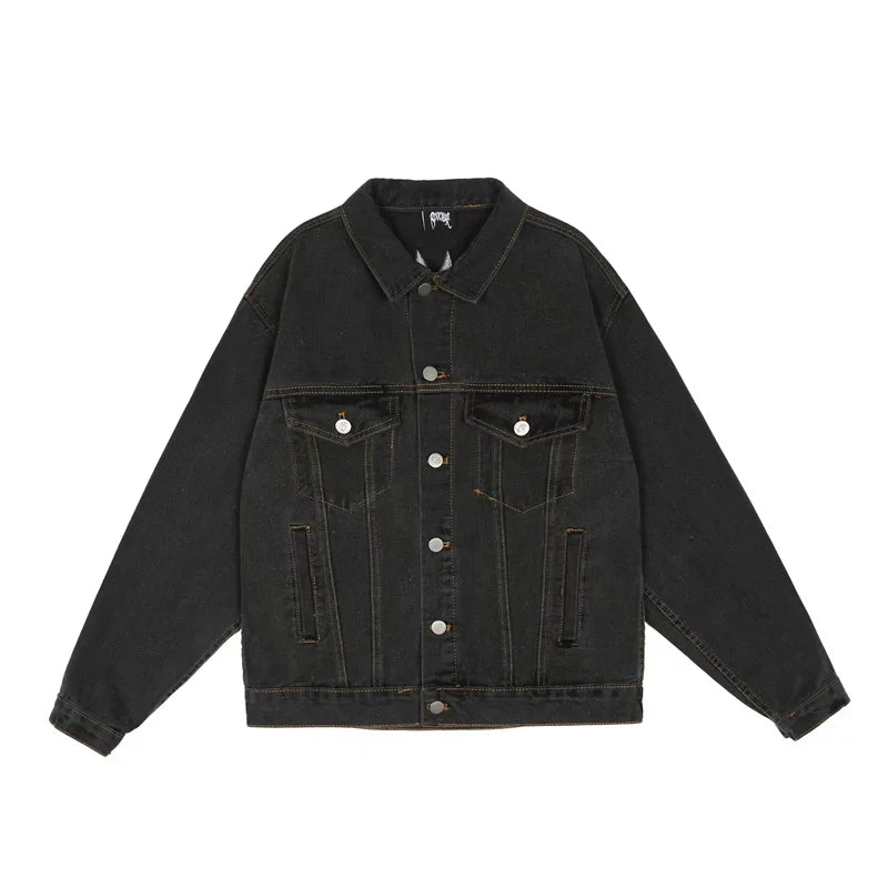Revenge denim jacket embroidered with letters, European and American back logo buttons, long sleeved jacket, loose autumn and winter top (3)