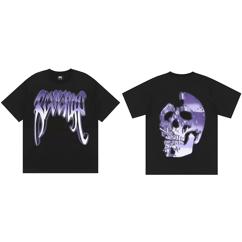Tide brand REVENGE short sleeved high street American couple loose keel smoke skull lightning letter hip-hop T-shirt (44)
