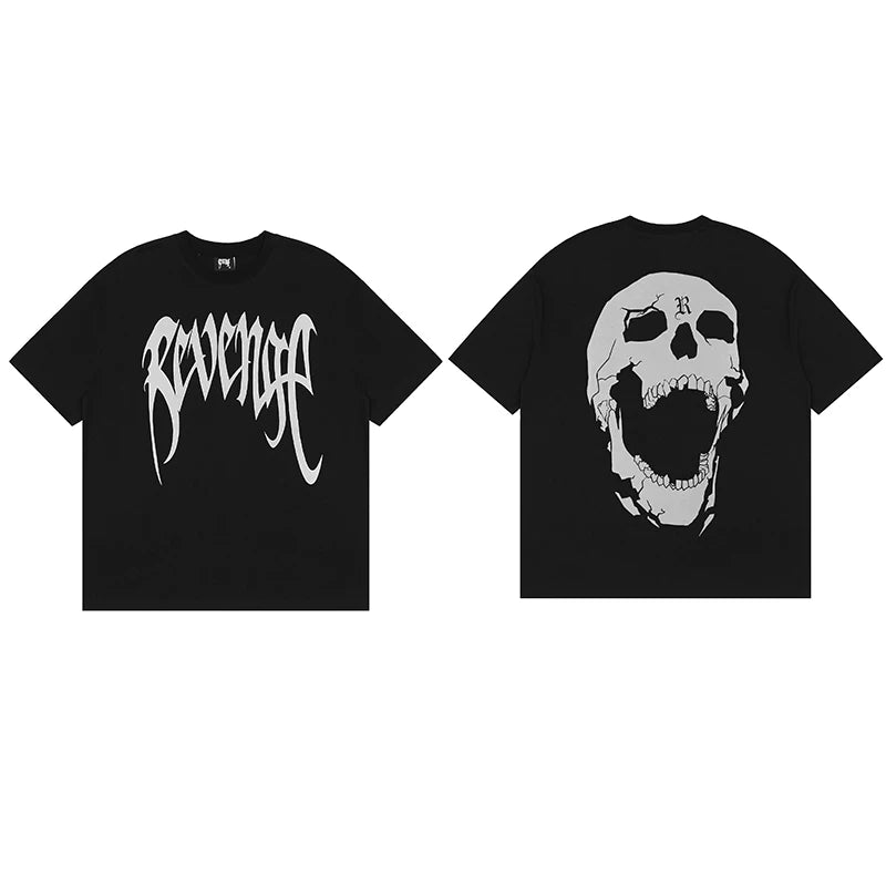 Tide brand REVENGE short sleeved high street American couple loose keel smoke skull lightning letter hip-hop T-shirt (15)