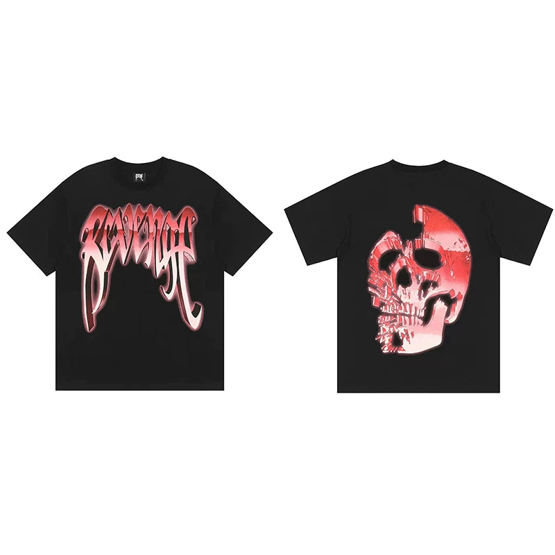 Tide brand REVENGE short sleeved high street American couple loose keel smoke skull lightning letter hip-hop T-shirt (42)