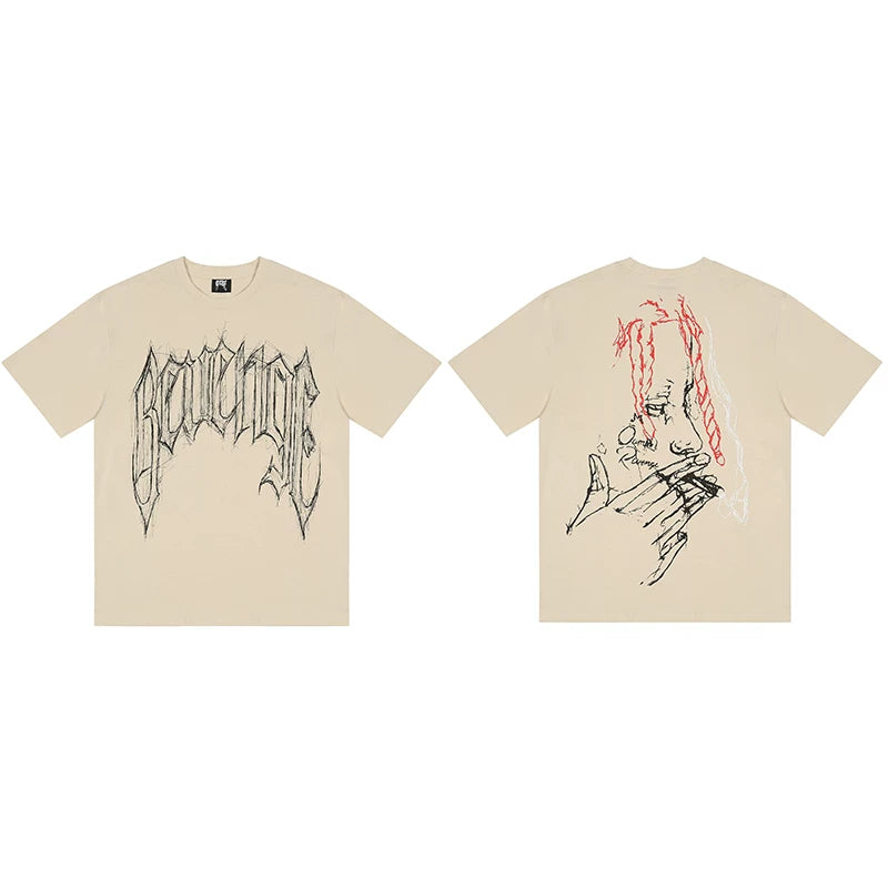 Tide brand REVENGE short sleeved high street American couple loose keel smoke skull lightning letter hip-hop T-shirt (48)