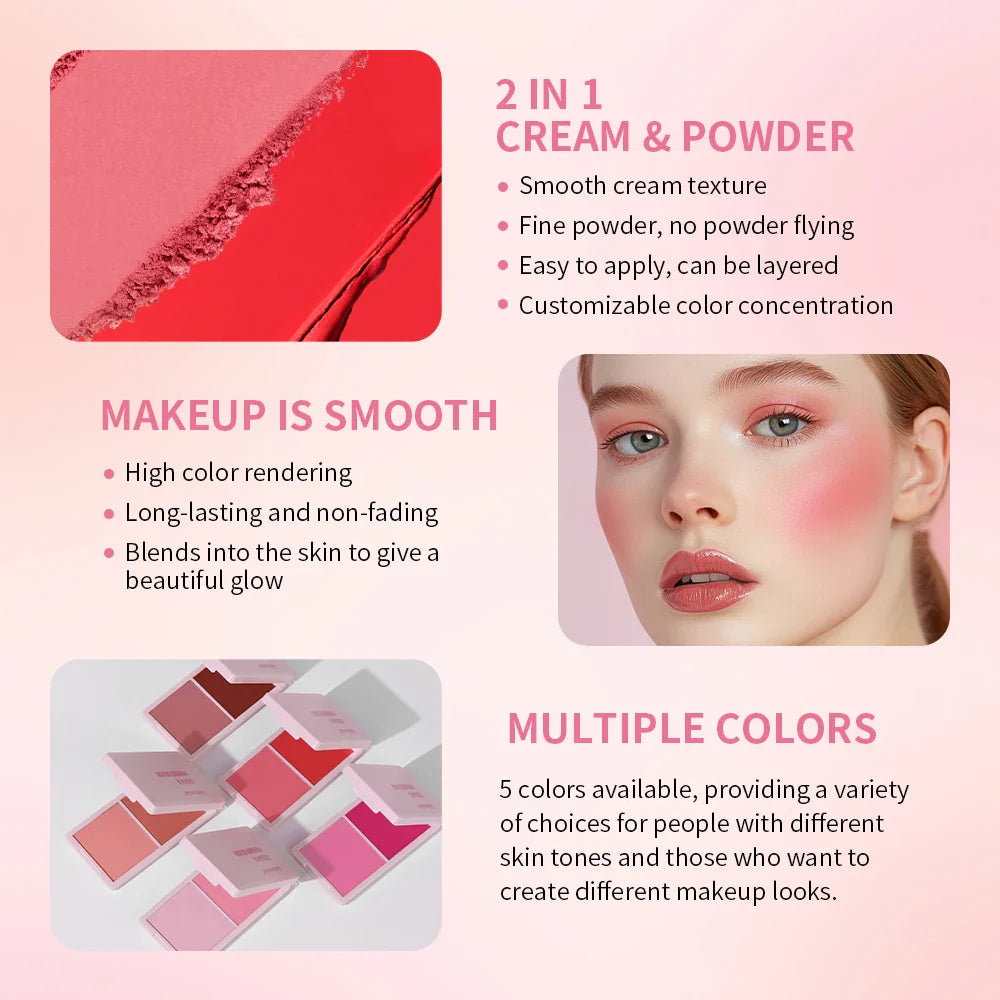 Lakerain 2in1 Cream & Powder Blush Palette Natural Long-lasting High Pigment Blush Makeup Pan Clear Vitality Girl Blush Palette