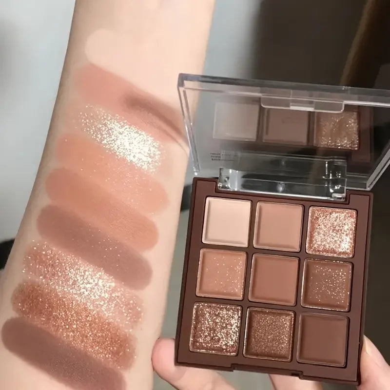 Chocolate eyeshadow Palette - 9 shades of natural brown & gold, with glitter & matte effects, lasting eye makeup, Korean makeup