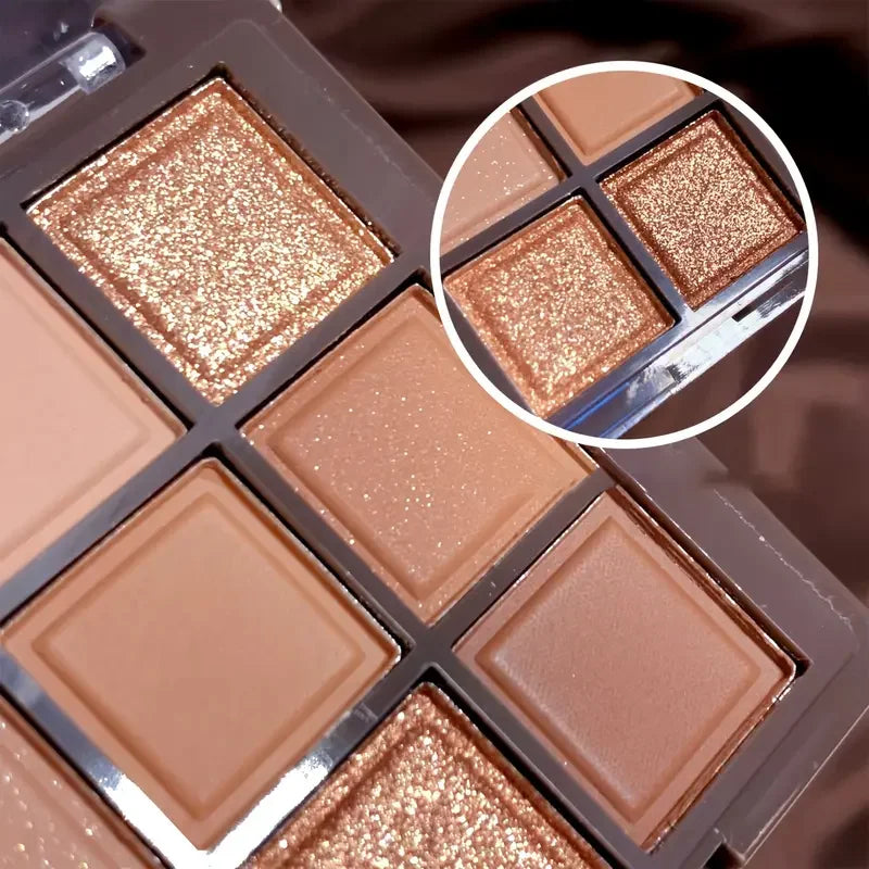 Chocolate eyeshadow Palette - 9 shades of natural brown & gold, with glitter & matte effects, lasting eye makeup, Korean makeup