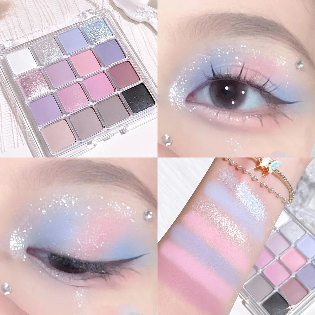 16 color eyeshadow palette - Glitter, matte and shimmer finish in gentle fall and winter tones of blue, brown, coral and pink