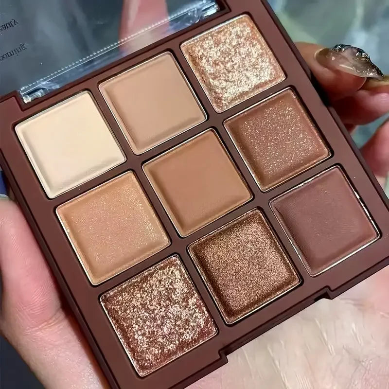 Chocolate eyeshadow Palette - 9 shades of natural brown & gold, with glitter & matte effects, lasting eye makeup, Korean makeup