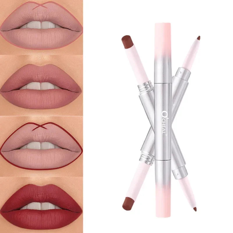 Matte Lip Liner Lipstick 2 In 1 Pen Long Wearing Non Transfer Sexy Red Rotating Double Headed Makeup Cosmetics