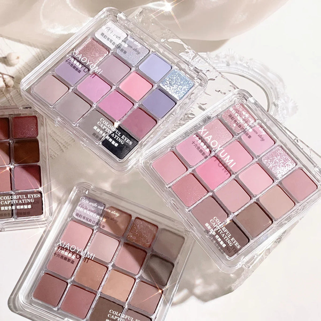 16 color eyeshadow palette - Glitter, matte and shimmer finish in gentle fall and winter tones of blue, brown, coral and pink