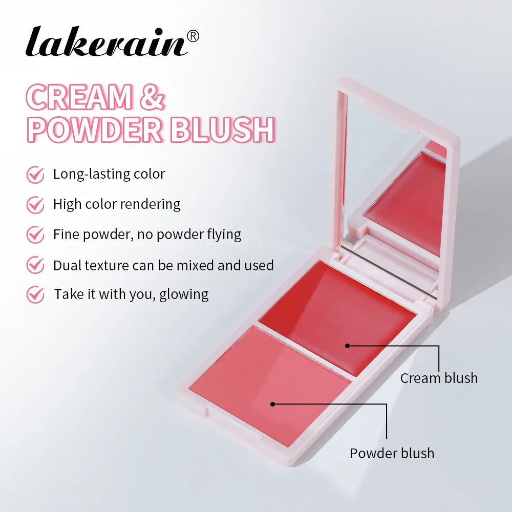 Lakerain 2in1 Cream & Powder Blush Palette Natural Long-lasting High Pigment Blush Makeup Pan Clear Vitality Girl Blush Palette