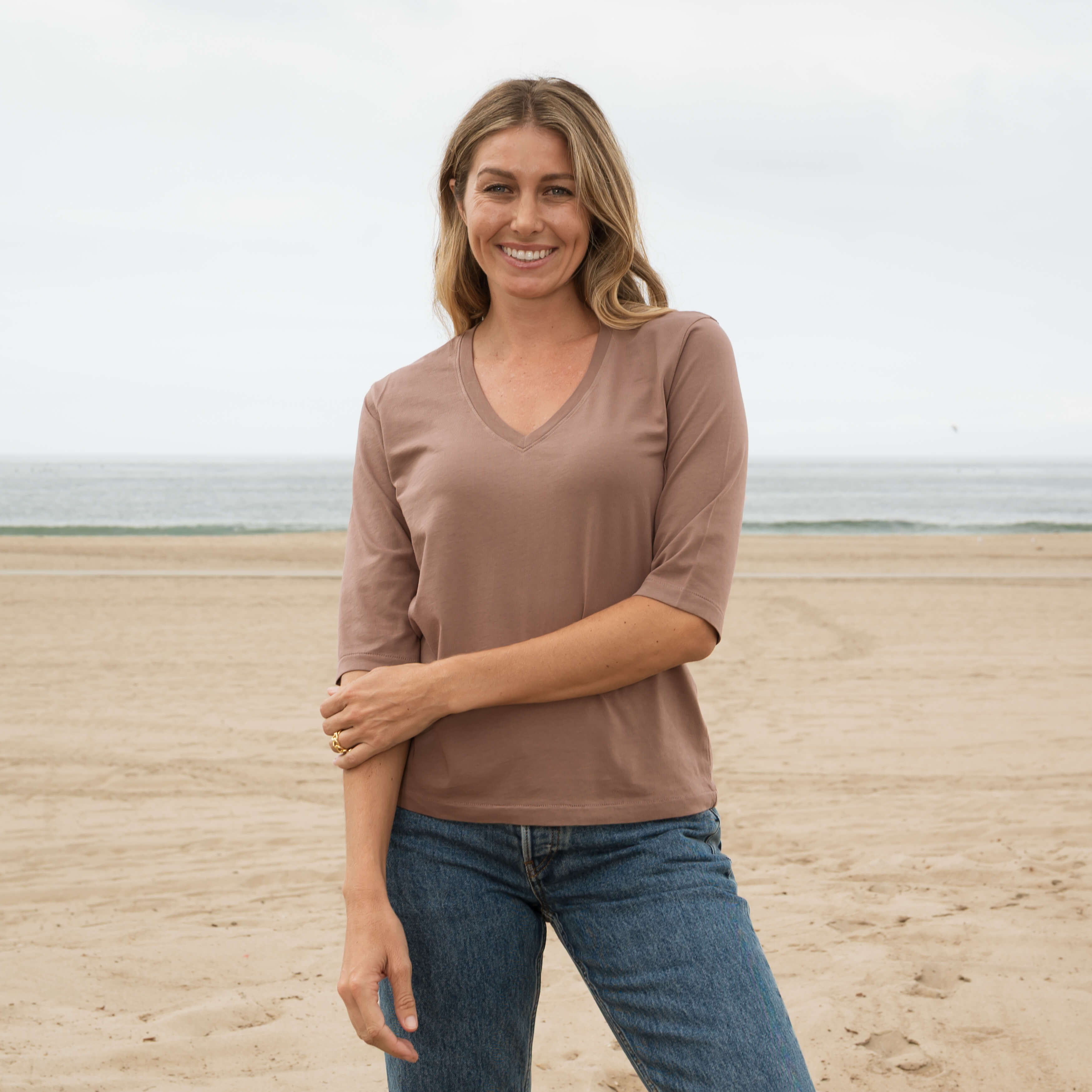 Womens Elbow Sleeve V-Neck
