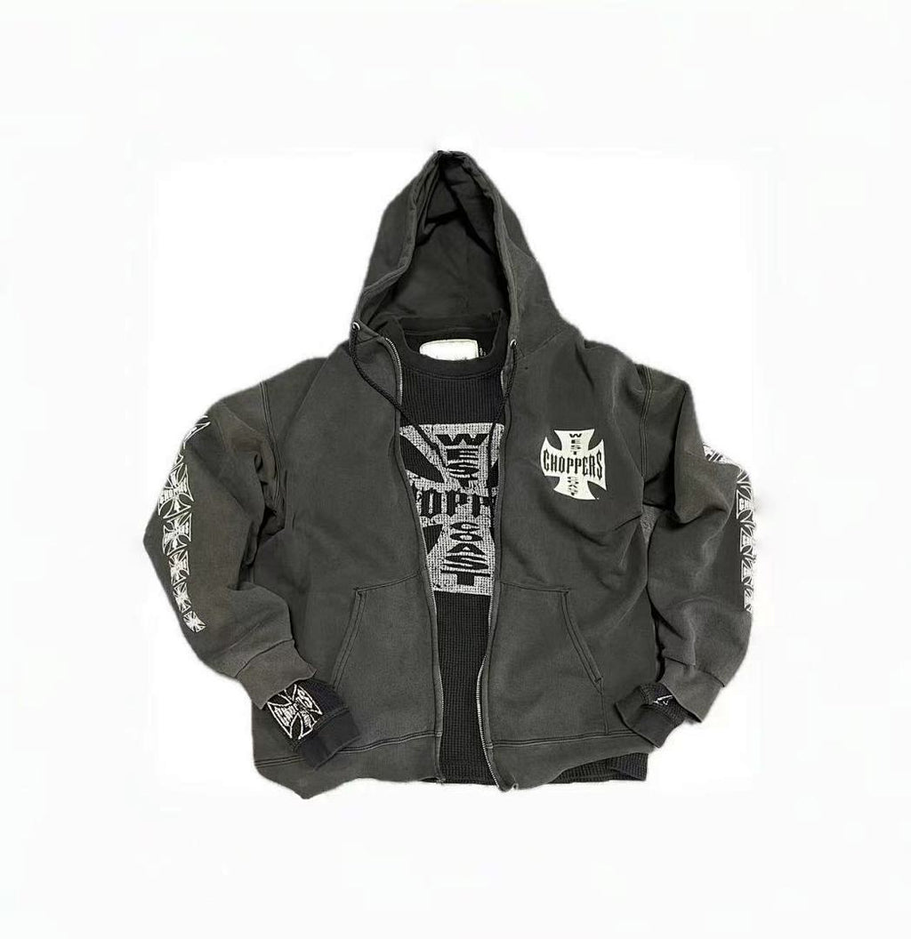 West Coast Choppers Vintage Washed Black Cross Graphic Full‑Zip Hooded